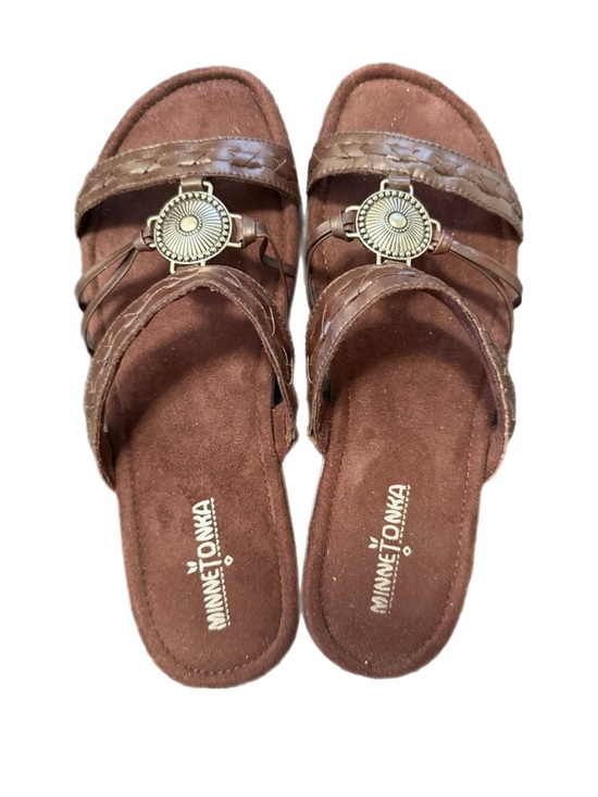 Minnetonka Sandals Brown Sabra Slides with Braided Leather Silver Accent - Picture 3 of 9